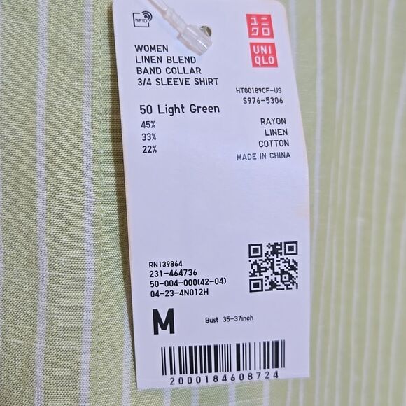 Uniqlo Linen Blend Striped Button Down Shirt Medium 3/4 Sleeve Band Collar Green - Picture 7 of 11